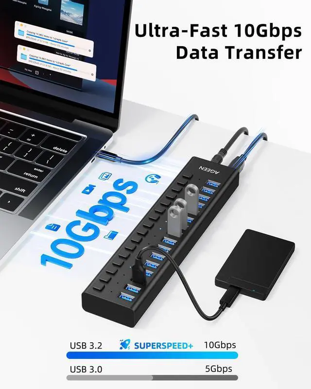 Alt view image 3 of 7 - KEHIPI 16-Port USB 3.2 Gen 2 Hub, 10Gbps High-Speed Aluminum Powered Hub with 96W Adapter, Individual Switches & Surge Protection for PC/Laptop, Flash Drive, Printer, Camera
