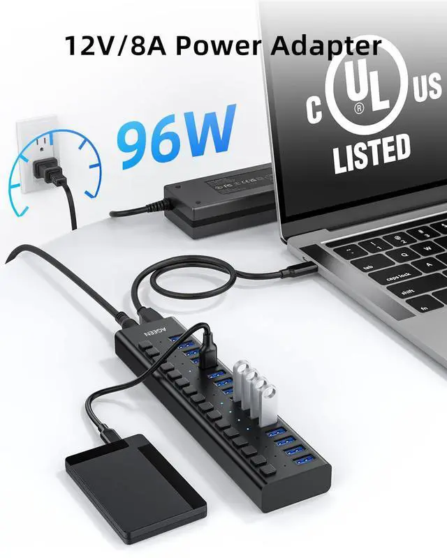 Alt view image 4 of 7 - KEHIPI 16-Port USB 3.2 Gen 2 Hub, 10Gbps High-Speed Aluminum Powered Hub with 96W Adapter, Individual Switches & Surge Protection for PC/Laptop, Flash Drive, Printer, Camera