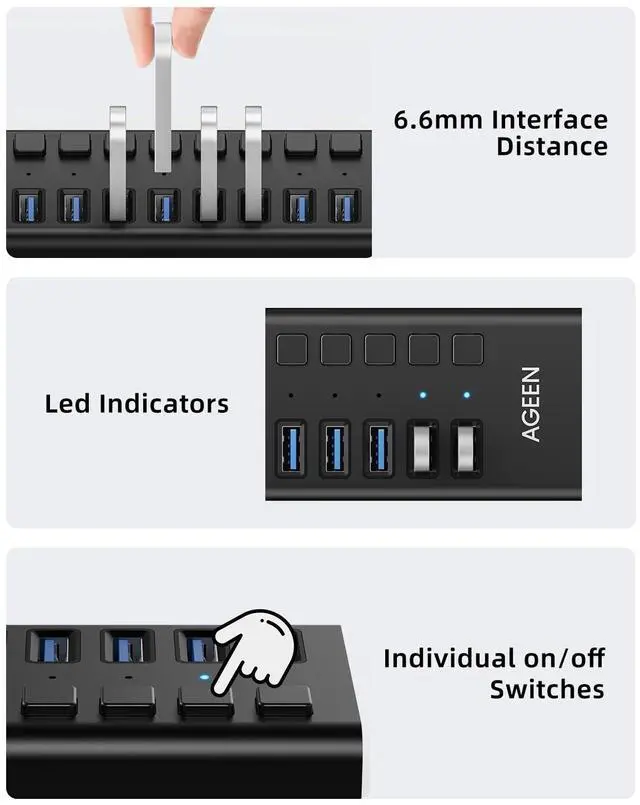 Alt view image 5 of 7 - KEHIPI 16-Port USB 3.2 Gen 2 Hub, 10Gbps High-Speed Aluminum Powered Hub with 96W Adapter, Individual Switches & Surge Protection for PC/Laptop, Flash Drive, Printer, Camera