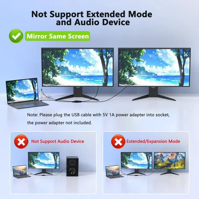 Alt view image 3 of 7 - KEHIPI HDMI Splitter 1 in 2 Out, 4K HDMI Splitter for Dual Monitors- Copy 1 Source to 2 Displays at The Same Time (Need Power 5V 1A), Monitor Split for 2 Monitors, Compatible for Projector/TV/Monitor.