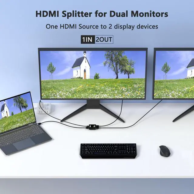 Alt view image 2 of 7 - KEHIPI HDMI Splitter 1 in 2 Out, 4K HDMI Splitter for Dual Monitors- Copy 1 Source to 2 Displays at The Same Time (Need Power 5V 1A), Monitor Split for 2 Monitors, Compatible for Projector/TV/Monitor.