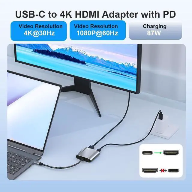 Alt view image 2 of 7 - KEHIPI USB C to HDMI 2-in-1 Adapter, Thunderbolt 3 to HDMI Adapter, USB C Hub with PD Charging, Durable Design for MacBook, iPad, iPhone, High-Speed Data Transfer & Power Delivery (Grey)