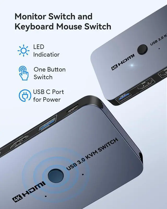 Alt view image 3 of 7 - KEHIPI KVM Switch, Aluminum KVM Switch HDMI,USB Switch for 2 Computers Sharing Mouse Keyboard Printer to One HD Monitor, Support 4K@60Hz,2 HDMI Cables, 2 USB Cables and 1 Charing Cable Included