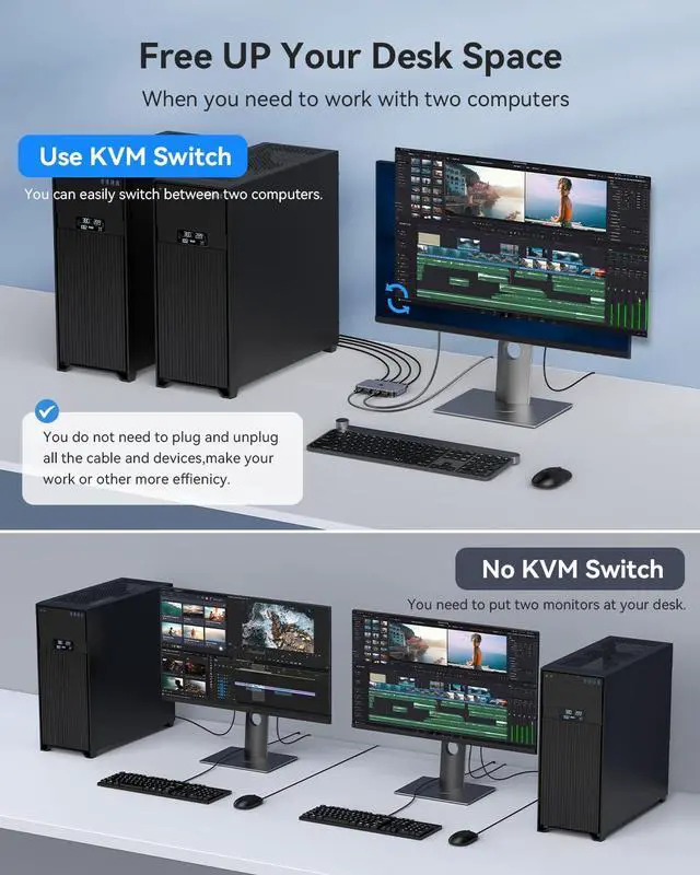 Alt view image 5 of 7 - KEHIPI KVM Switch, Aluminum KVM Switch HDMI,USB Switch for 2 Computers Sharing Mouse Keyboard Printer to One HD Monitor, Support 4K@60Hz,2 HDMI Cables, 2 USB Cables and 1 Charing Cable Included