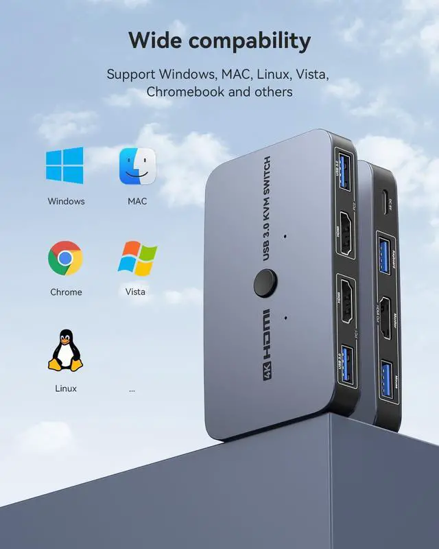 Alt view image 6 of 7 - KEHIPI KVM Switch, Aluminum KVM Switch HDMI,USB Switch for 2 Computers Sharing Mouse Keyboard Printer to One HD Monitor, Support 4K@60Hz,2 HDMI Cables, 2 USB Cables and 1 Charing Cable Included