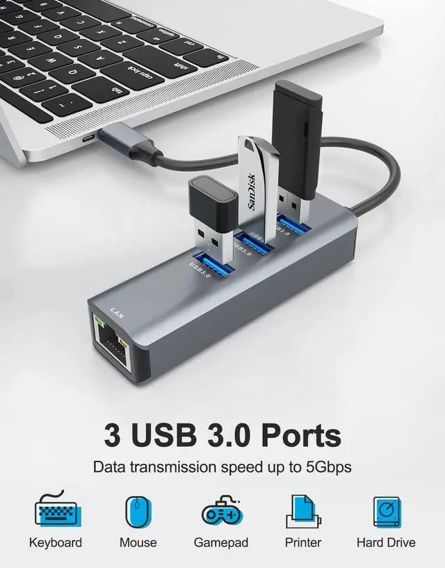 Alt view image 3 of 7 - KEHIPI USB C to Ethernet Adapter, 4-in-1 RJ45 to USB-C/Thunderbolt 3 to Gigabit Ethernet LAN Network Adapter for MacBook Pro/Air 2021/2020/2019, iPad Pro 2021, Chromebook, XPS, Surface Book 3/2/Go