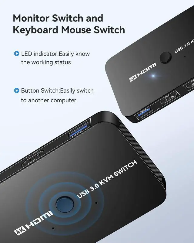 Alt view image 3 of 7 - KEHIPI KVM Switch, Aluminum KVM Switch HDMI,USB Switch for 2 Computers Sharing Mouse Keyboard Printer to One HD Monitor, Support 4K@60Hz,2 HDMI Cables and 2 USB Cables Included(Black)
