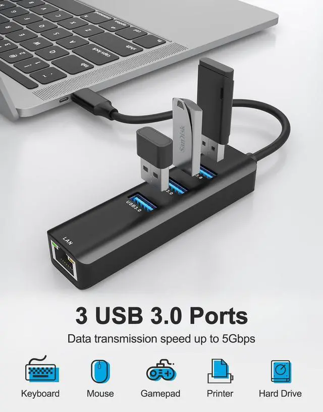 Alt view image 2 of 7 - KEHIPI USB C to Ethernet Adapter, 4-in-1 RJ45 to USB-C/Thunderbolt 3 to Gigabit Ethernet LAN Network Adapter for MacBook Pro/Air 2021/2020/2019, iPad Pro 2021, Chromebook, XPS, Surface 3/2/Go-Black