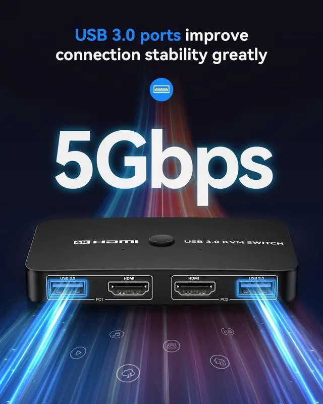 Alt view image 4 of 7 - KEHIPI KVM Switch, Aluminum KVM Switch HDMI,USB Switch for 2 Computers Sharing Mouse Keyboard Printer to One HD Monitor, Support 4K@60Hz,2 HDMI Cables and 2 USB Cables Included(Black)