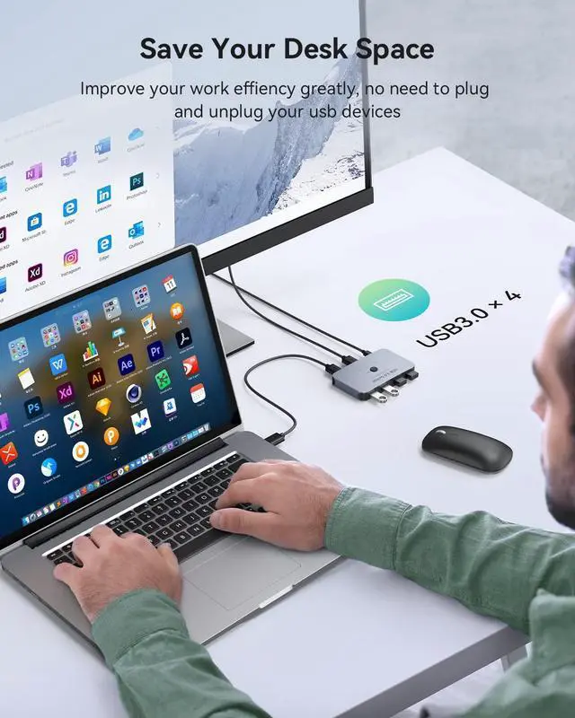 Alt view image 4 of 7 - KEHIPI USB Switch, Aluminum USB Switcher 2 Computers Sharing 4 USB Devices for PC Printer Scanner Mouse Keyboard with 2 Pack USB 3.0 Cable