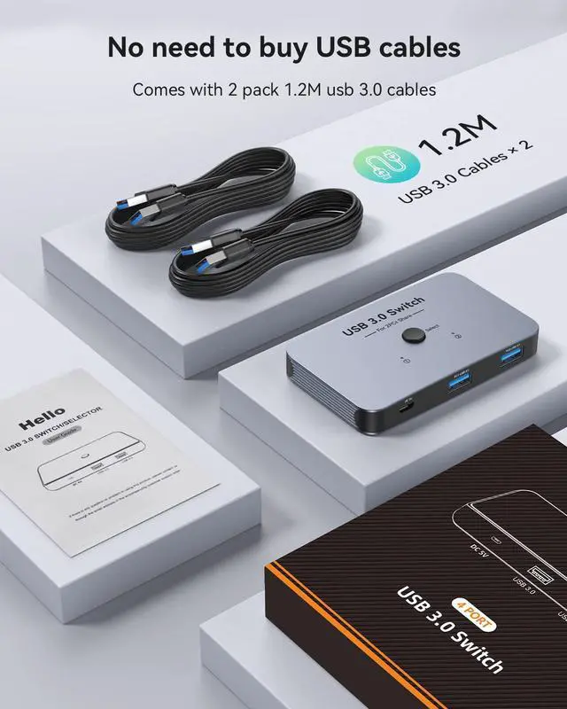 Alt view image 7 of 7 - KEHIPI USB Switch, Aluminum USB Switcher 2 Computers Sharing 4 USB Devices for PC Printer Scanner Mouse Keyboard with 2 Pack USB 3.0 Cable