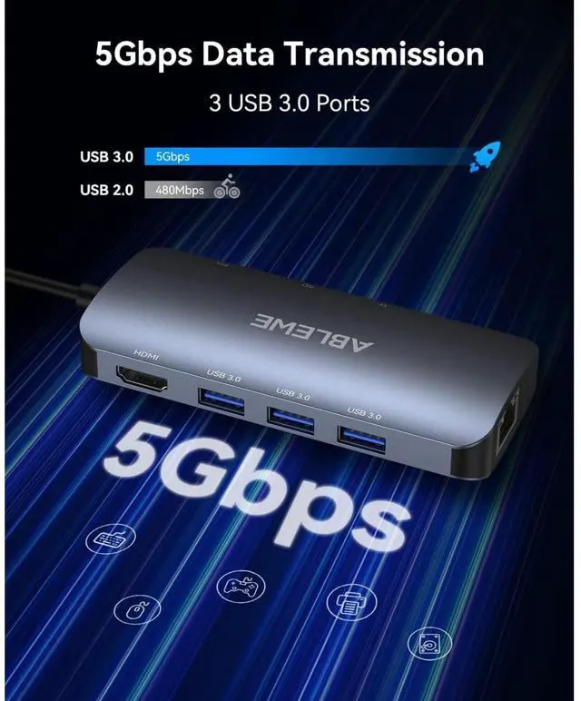 Alt view image 4 of 7 - KEHIPI USB C Hub Ethernet, 8 in 1 Multiport USB C to HDMI Adapter 4K@60Hz,1000Mbps, 100W PD, SD/TF Card Reader, 3 USB 3.0 Ports, Docking Station Compatible for MacBook, Tablet, Phone, Type C Devices