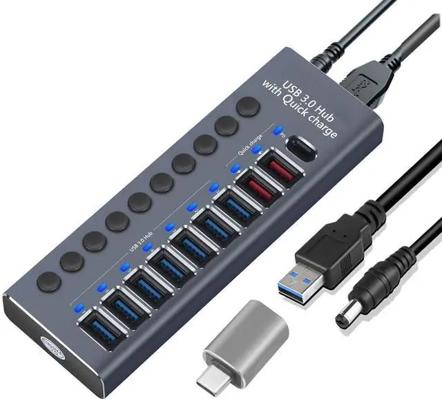 Main image of KEHIPI Aluminum USB 3.0 hub with Charging Function, Power Adapter,Individual Power swiches (Silver Gray-10 Ports)