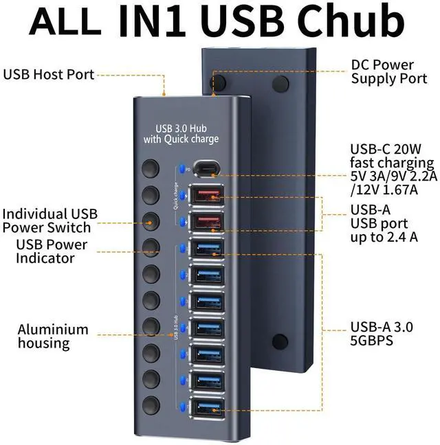 Alt view image 6 of 7 - KEHIPI Aluminum USB 3.0 hub with Charging Function, Power Adapter,Individual Power swiches (Silver Gray-10 Ports)