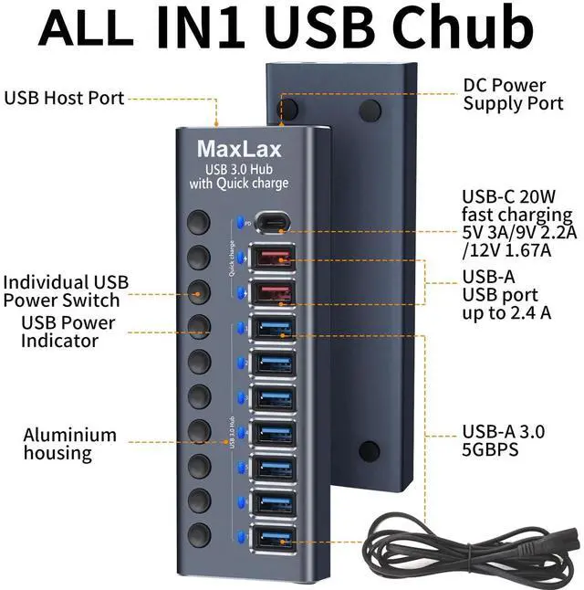 Alt view image 7 of 7 - KEHIPI Aluminum USB 3.0 hub with Charging Function, Power Adapter,Individual Power swiches (Silver Gray-10 Ports)