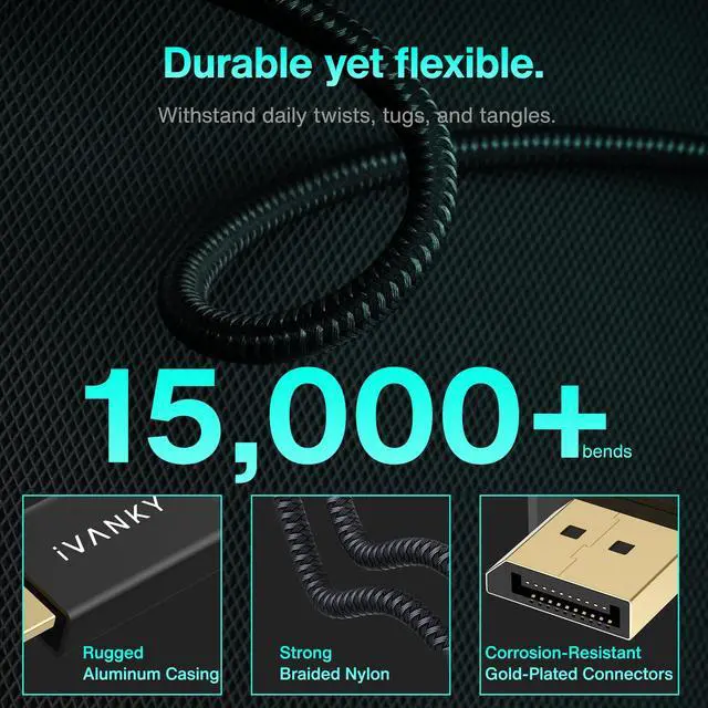 Alt view image 4 of 6 - KEHIPI DisplayPort Cable 1.4, 8K DP Cable 25ft [8K@60Hz, 4K@144Hz, 1080P@240Hz], Support HBR3, 32.4Gbps, HDCP 2.2, HDR, Compatible for Gaming Monitor, TV, PC, Laptop and More, Black-25ft