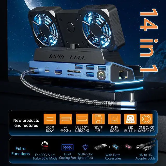 Alt view image 2 of 7 - KEHIPI Detachable Dual Cooling Fans 16 in 1 Steam Deck Docking Station with 4K@60Hz 4 USB Ports,1000Mbps,SD/TF Slot,USB-C 100W PD,HDMI,M.2 NVMe Enclosure, 40Gbps Adapter for Steam Deck/Rog Ally/Legion