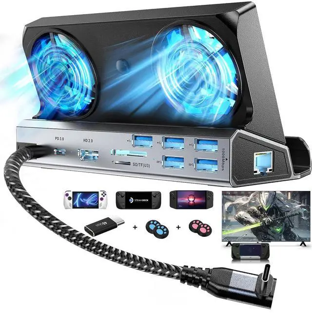 Main image of Dual Cooling Fans 13 in 1 Steam Deck Docking Station with 4K@60Hz 5 USB Ports,1000Mbps,SD/TF Slot,USB-C 100W PD, 40Gbps Adapter for Steam Deck/Rog Ally/Switch/Legion Go