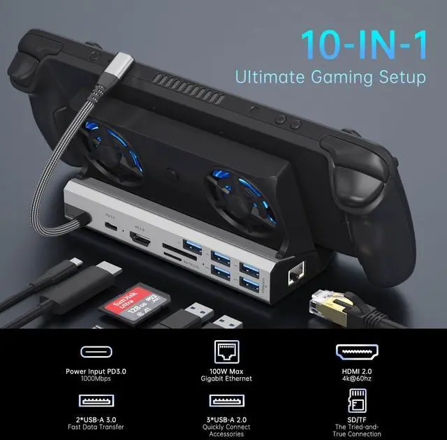 Alt view image 2 of 5 - Dual Cooling Fans 13 in 1 Steam Deck Docking Station with 4K@60Hz 5 USB Ports,1000Mbps,SD/TF Slot,USB-C 100W PD, 40Gbps Adapter for Steam Deck/Rog Ally/Switch/Legion Go