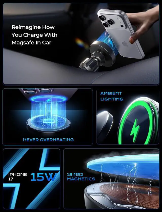 Alt view image 4 of 7 - KEHIPI  for Qi2 15W MagSafe Car Mount Charger,Super Fast Magnetic Wireless Car Charger for iPhone 16 Pro Max AccessoriesQi2 Fast Charging MagSafe Charger Fits iPhone 17 Pro Max 16 15 14 13 12 Series