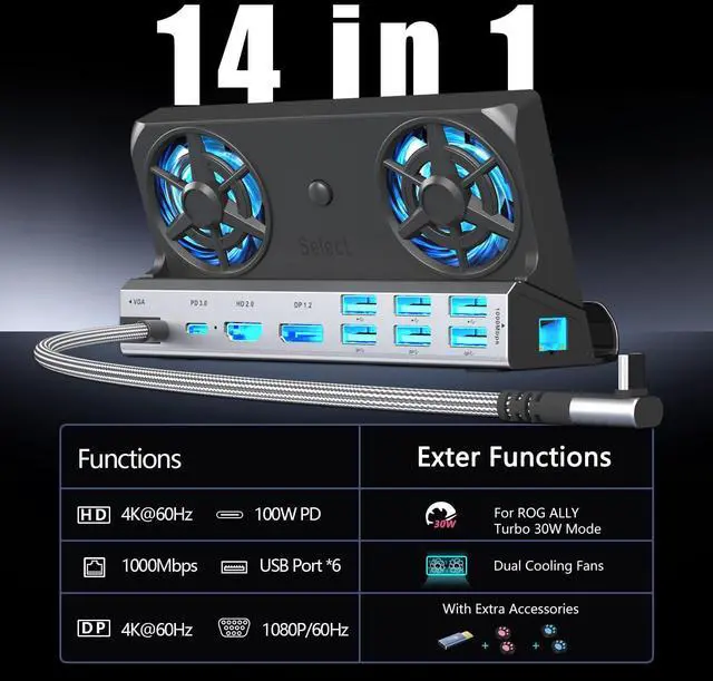 Alt view image 2 of 6 - KEHIPI Dual Cooling Fans Multi Monitor 14 in 1 Steam Deck Docking Station with 4K@60 Hz,DP1.2,VGA 1080P 6 USB A,1000Mbps,Type C 100W PD, 40Gbps Adapter for Steam Deck/Rog Ally/Switch/Legion Go