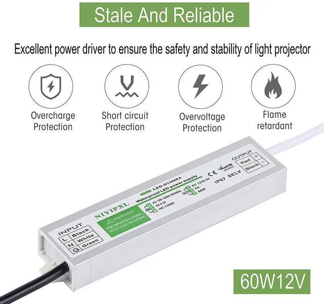 Alt view image 2 of 7 - KEHIPIPack of 6 LED Driver 60 Watts Waterproof IP67 Power Supply Transformer Adapter 100V-260V AC to 12V DC Low Voltage Output for LED Light, Computer Project,Outdoor Light and Any 12V DC led Lights