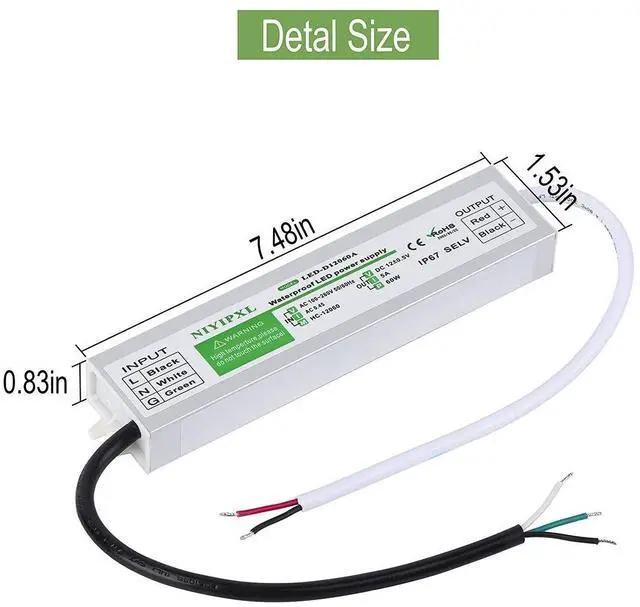 Alt view image 6 of 7 - KEHIPIPack of 6 LED Driver 60 Watts Waterproof IP67 Power Supply Transformer Adapter 100V-260V AC to 12V DC Low Voltage Output for LED Light, Computer Project,Outdoor Light and Any 12V DC led Lights