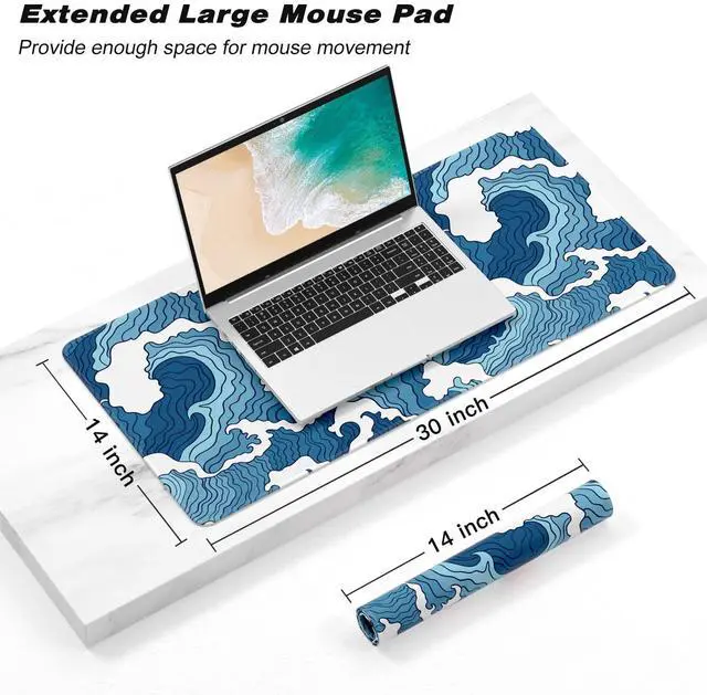 Alt view image 2 of 7 - KEHIPI Extended Gaming Mouse Pad, Japanese Blue White Wave Mousepad, XL Large Mouse Mat Desk Pad 30 x 14 Inch, Waterproof Anime Mouse Pad with Stitched Edges and Non-Slip Base for Office Gaming