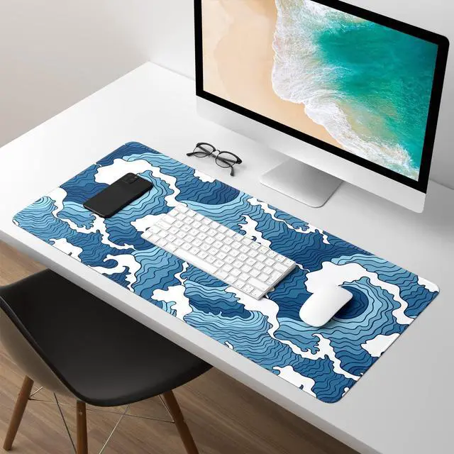 Alt view image 7 of 7 - KEHIPI Extended Gaming Mouse Pad, Japanese Blue White Wave Mousepad, XL Large Mouse Mat Desk Pad 30 x 14 Inch, Waterproof Anime Mouse Pad with Stitched Edges and Non-Slip Base for Office Gaming