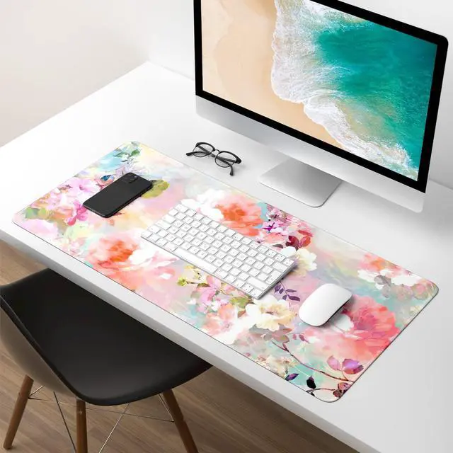 Alt view image 7 of 7 - KEHIPI Extended Gaming Mouse Pad, XXL Large Desk Pad 30 x 14 Inch, Big Computer Keyboard Mousepad, Waterproof Mouse Mat with Stitched Edges and Non-Slip Base for Women Office Gaming, Flower