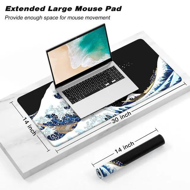 Alt view image 2 of 7 - KEHIPI Extended Gaming Mouse Pad, XXL Large Desk Pad 30 x 14 Inch, Big Computer Keyboard Mousepad, Waterproof Mouse Mat with Stitched Edges and Non-Slip Base for Women Office Gaming, Sea Waves
