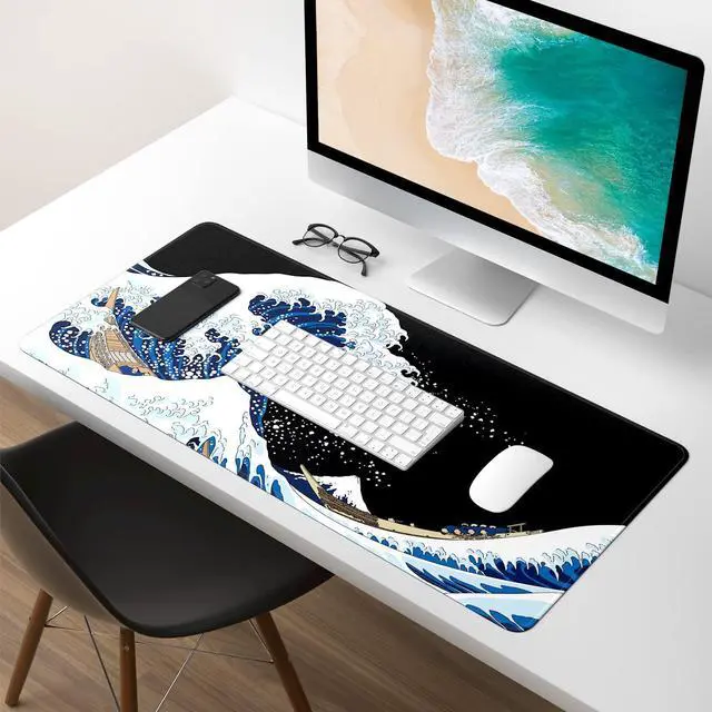 Alt view image 7 of 7 - KEHIPI Extended Gaming Mouse Pad, XXL Large Desk Pad 30 x 14 Inch, Big Computer Keyboard Mousepad, Waterproof Mouse Mat with Stitched Edges and Non-Slip Base for Women Office Gaming, Sea Waves
