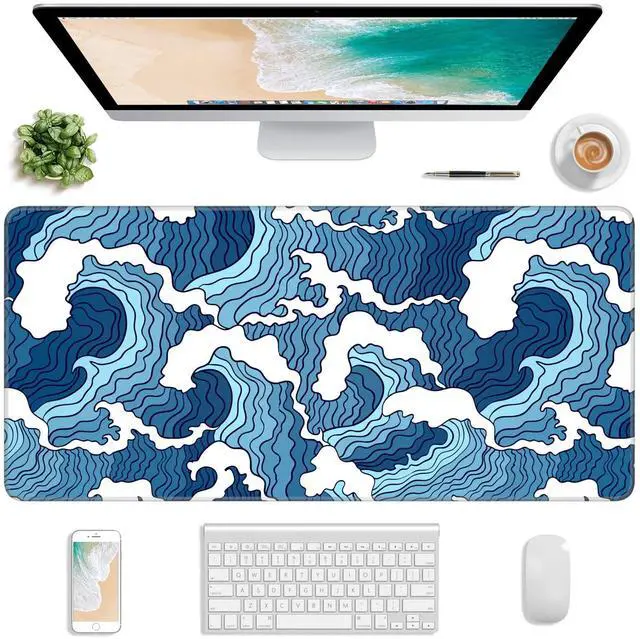 Main image of KEHIPI Extended Gaming Mouse Pad, Japanese Blue White Wave Mousepad, XL Large Mouse Mat Desk Pad 30 x 14 Inch, Waterproof Anime Mouse Pad with Stitched Edges and Non-Slip Base for Office Gaming