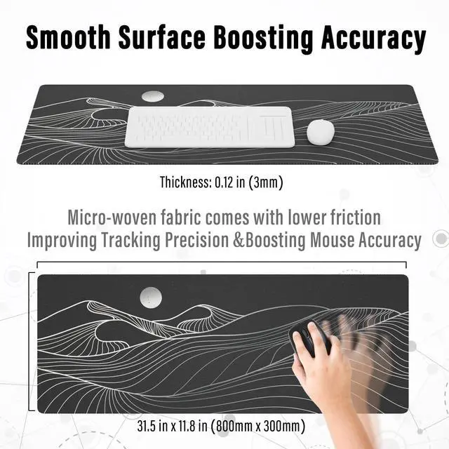 Alt view image 3 of 7 - KEHIPI Large Gaming Mouse Pad with Stitched Edges, Minimalist Mountains Desk Mat, Extended XL Mousepad with Anti-Slip Base, Cute Desk Pad for Keyboard and Mouse, 31.5 x 11.8 in, Black and White