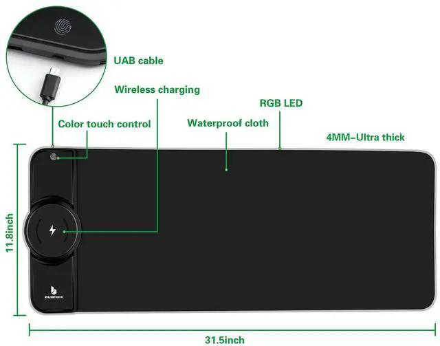 Alt view image 4 of 7 - KEHIPI Gaming Mouse Pad,Gaming Desk Mat,Mouse Pad with Wireless Charging,15W Fast Chargering,10 Lighting Modes,for Gaming Keyboard&Mouse,Home&Office,Mobile Phone Devices,31.5"X11.8",Flare Color