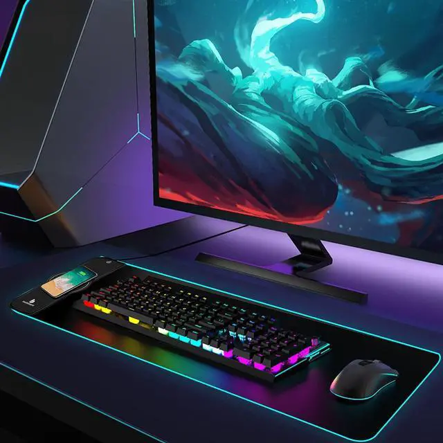 Alt view image 6 of 7 - KEHIPI Gaming Mouse Pad,Gaming Desk Mat,Mouse Pad with Wireless Charging,15W Fast Chargering,10 Lighting Modes,for Gaming Keyboard&Mouse,Home&Office,Mobile Phone Devices,31.5"X11.8",Flare Color