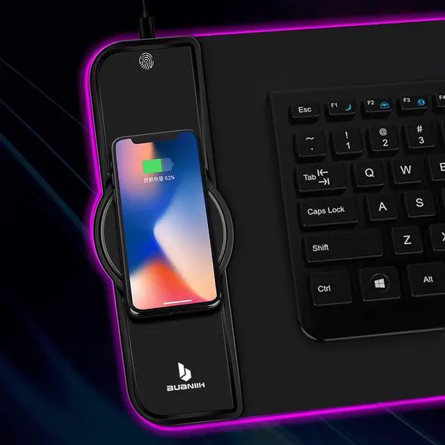 Alt view image 2 of 7 - KEHIPI Gaming Mouse Pad,Gaming Desk Mat,Mouse Pad with Wireless Charging,15W Fast Chargering,10 Lighting Modes,for Gaming Keyboard&Mouse,Home&Office,Mobile Phone Devices,31.5"X11.8",Flare Color