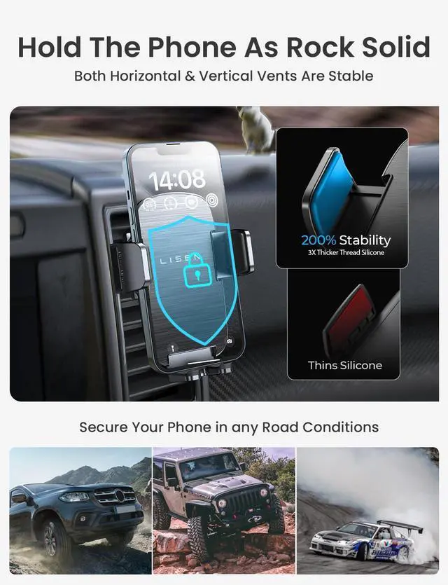 Alt view image 2 of 7 - KEHIPI 2025 Car Phone Mount, Phone Holders for Your Car [Thick Cases Friendly] Car Phone Holder Air Vent Wider Clamp & Metal Hook Cell Phone Car Mount for iPhone Pro Max Samsung Smartphones