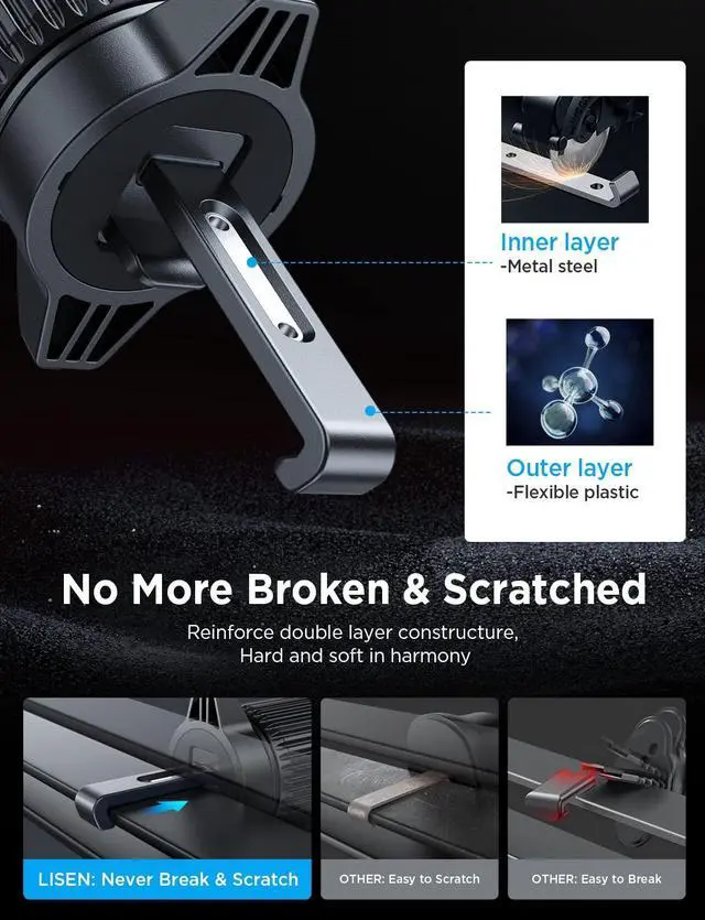 Alt view image 7 of 7 - KEHIPI 2025 Car Phone Mount, Phone Holders for Your Car [Thick Cases Friendly] Car Phone Holder Air Vent Wider Clamp & Metal Hook Cell Phone Car Mount for iPhone Pro Max Samsung Smartphones