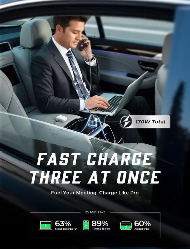 Alt view image 5 of 7 - KEHIPI 170W Car Charger iPhone 17, GaN PD3.1 for iPhone 17 Car Charger Fast Charging 40W, 140W+PD30W/QC30W Cigarette Lighter USB Charger Adapter for MacBook Air Pro, iPad, Laptop, Galaxy S25 S24 Ultra