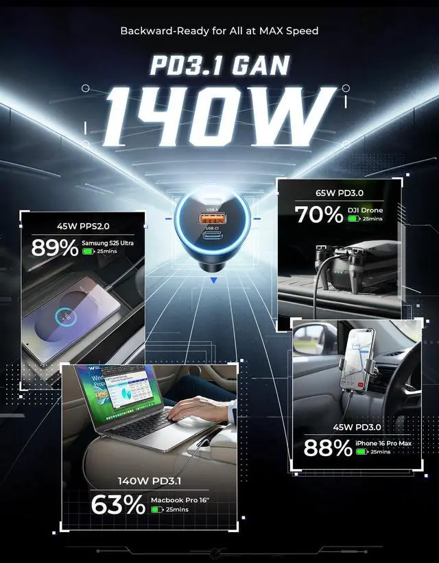 Alt view image 4 of 7 - KEHIPI 170W Car Charger iPhone 17, GaN PD3.1 for iPhone 17 Car Charger Fast Charging 40W, 140W+PD30W/QC30W Cigarette Lighter USB Charger Adapter for MacBook Air Pro, iPad, Laptop, Galaxy S25 S24 Ultra