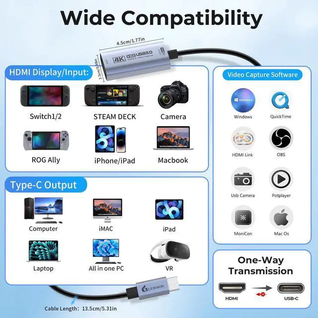 Alt view image 3 of 7 - KEHIPI  HDMI Capture Card 4K@60FPS, 1080P@240FPS USB 3.0 HDMI to USB A/C Video Capture Card for Streaming, Works with iPad, Switch 2/1, PS5/4, Xbox, Quest 3, Mac OS, Windows, Zoom, OBS, Camera