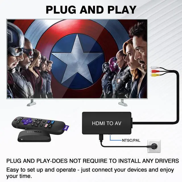 Alt view image 3 of 7 - HDMI to RCA Converter, HDMI to AV 3RCA CVBs Composite Video Audio Converter Adapter for Old TV Compatible PAL/NTSC for Roku, Android TV Box, DVD ect