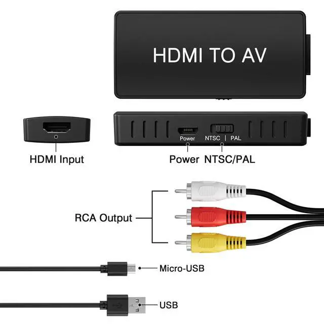 Alt view image 4 of 7 - HDMI to RCA Converter, HDMI to AV 3RCA CVBs Composite Video Audio Converter Adapter for Old TV Compatible PAL/NTSC for Roku, Android TV Box, DVD ect
