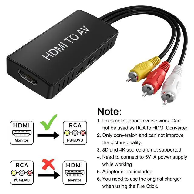 Alt view image 5 of 7 - HDMI to RCA Converter, HDMI to AV 3RCA CVBs Composite Video Audio Converter Adapter for Old TV Compatible PAL/NTSC for Roku, Android TV Box, DVD ect