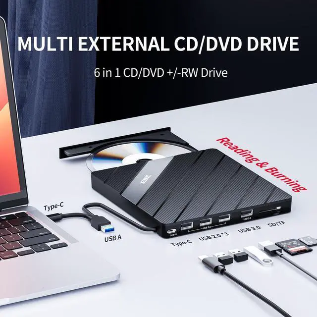 Alt view image 2 of 7 - KEHIPI External DVD Driver USB C Portable CD/DVD +/-RW Drive/DVD Player with SD Card Reader USB 3.0 Hub USB C Power Port CD ROM Burner Compatible with Laptop Desktop PC Mac Windows 11/10/8/7 Linux OS