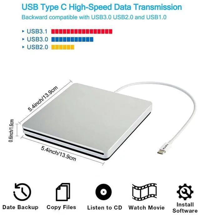 Alt view image 2 of 6 - KEHIPI External CD DVD Drive USB C Ultra Slim Portable CD DVD Player Burner/Writer/Reader USB Superdrive Disc Duplicator for MacBook Pro/Air/Mac/M1/Laptop/Windows10 (Silver)