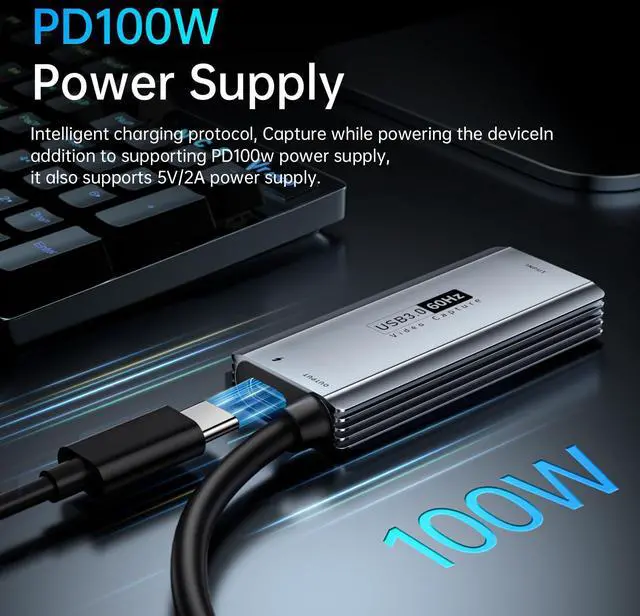 Alt view image 2 of 7 - KEHIPI USB 3.0 Video Capture Card with 100W PD - HDMI to USB/USB-C Capture Card 1440P 30fps & 1080P 60fps Video Capture Device for Streaming, Game Recording, Compatible for Quest 3, Switch, PS4/PS5