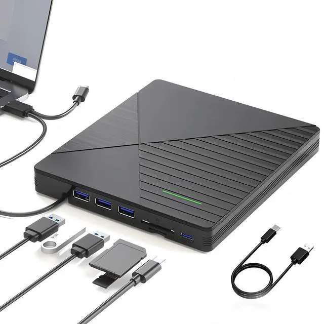 Main image of KEHIPI External CD DVD Drive for Laptop Mac with 3 USB Ports and 2 TF/SD Card Slots,USB 3.0 & USB-C CD DVD Optical Disc Reader Burner Player MacBook Pro Air iMac Laptop PC Windows 11/10/8/7 Linux Mac