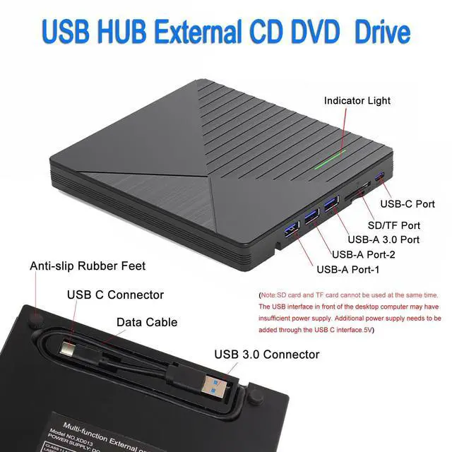 Alt view image 5 of 7 - KEHIPI External CD DVD Drive for Laptop Mac with 3 USB Ports and 2 TF/SD Card Slots,USB 3.0 & USB-C CD DVD Optical Disc Reader Burner Player MacBook Pro Air iMac Laptop PC Windows 11/10/8/7 Linux Mac